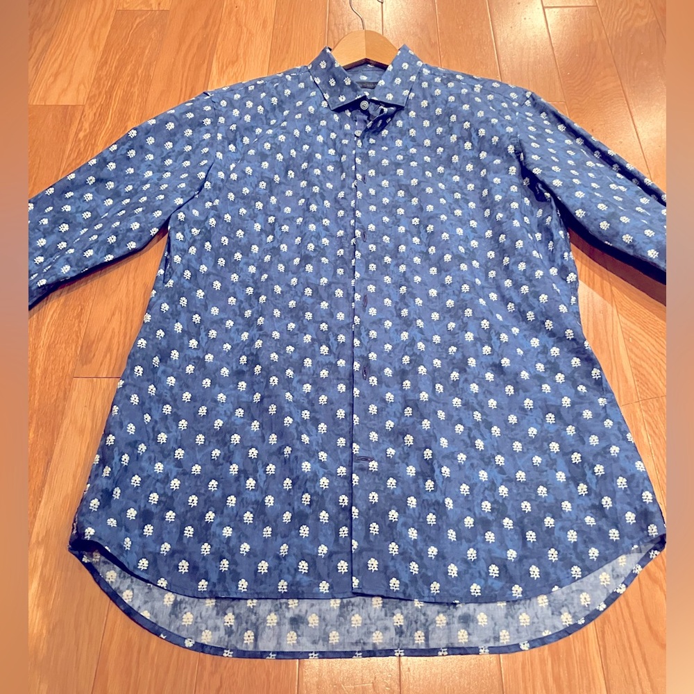 Patrick Assaraf pattern dress shirt, blue size large
